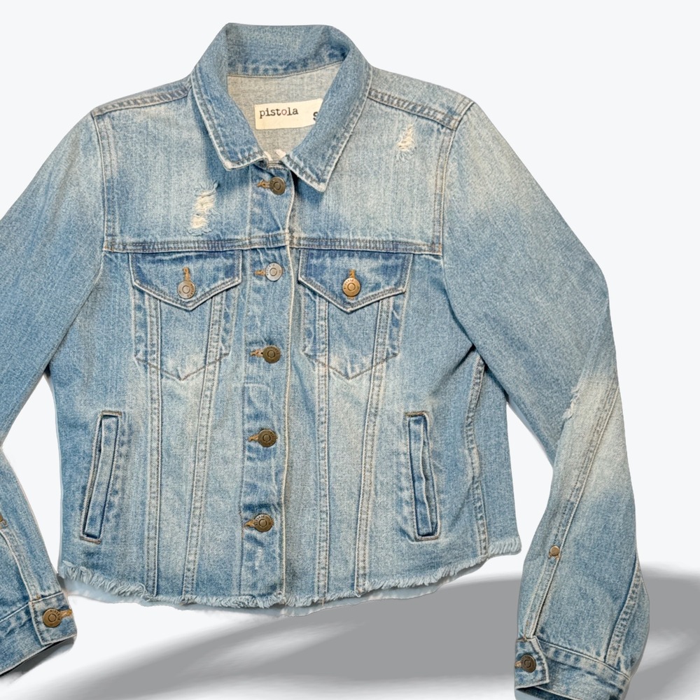 Pistola Flawless Denim Jacket Embroidered Distressed Light Wash Y2K Womens Small